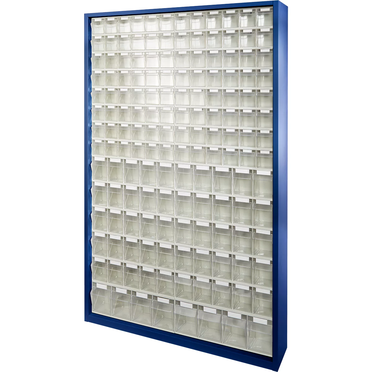 Opbergbakkast, volume 635 l, 154 uitneembare opbergboxen met verzonken greep, B 1270 x D 250 x H 2000 mm, g.blauw/transparant