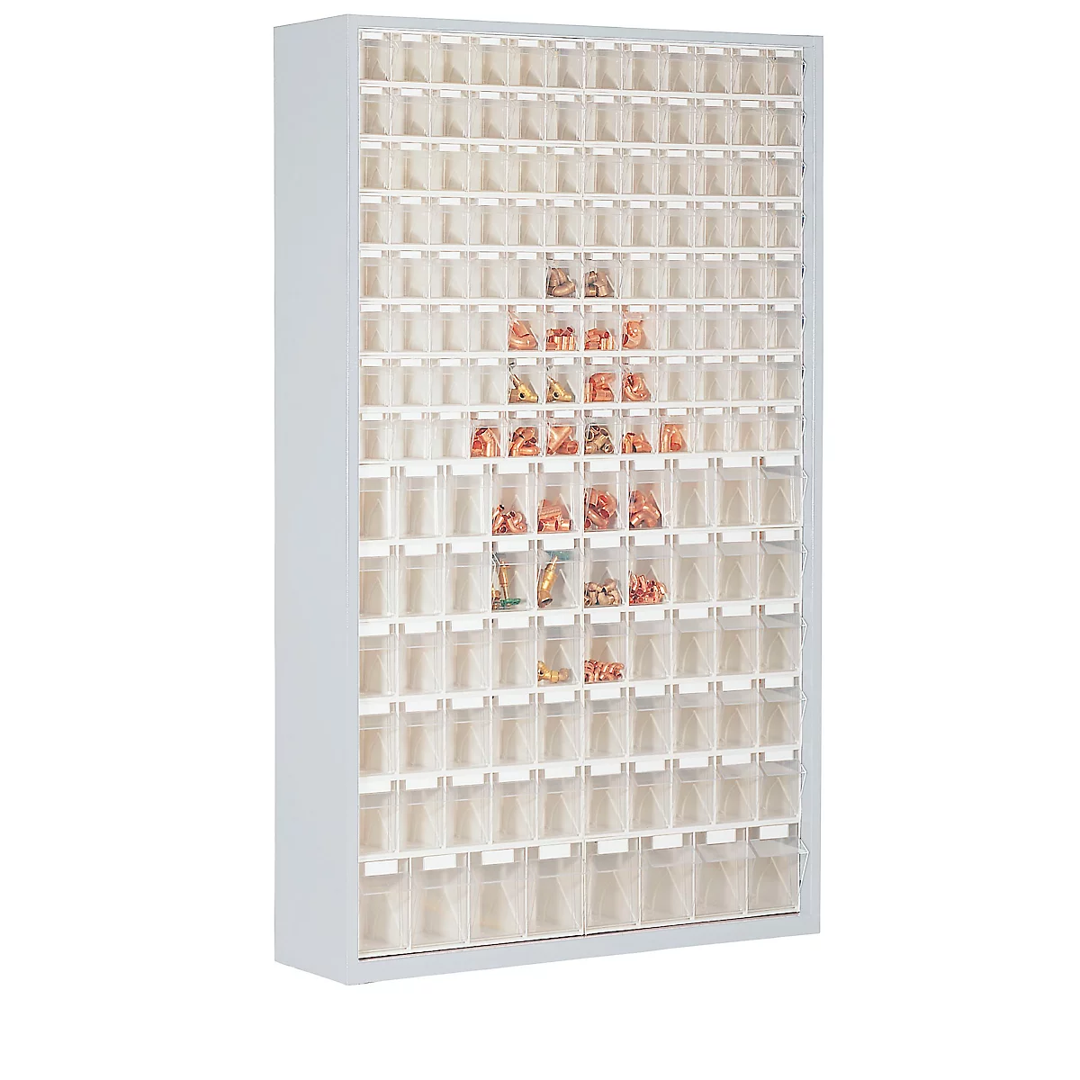 Opbergbakkast, volume 635 l, 154 uitneembare opbergboxen met verzonken greep, B 1270 x D 250 x H 2000 mm, l.grijs/transparant