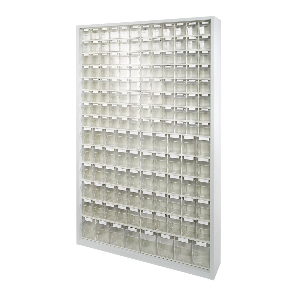 Opbergbakkast, volume 635 l, 154 uitneembare opbergboxen met verzonken greep, B 1270 x D 250 x H 2000 mm, l.grijs/transparant