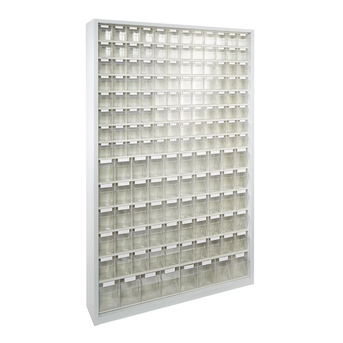 Opbergbakkast, volume 635 l, 154 uitneembare opbergboxen met verzonken greep, B 1270 x D 250 x H 2000 mm, l.grijs/transparant