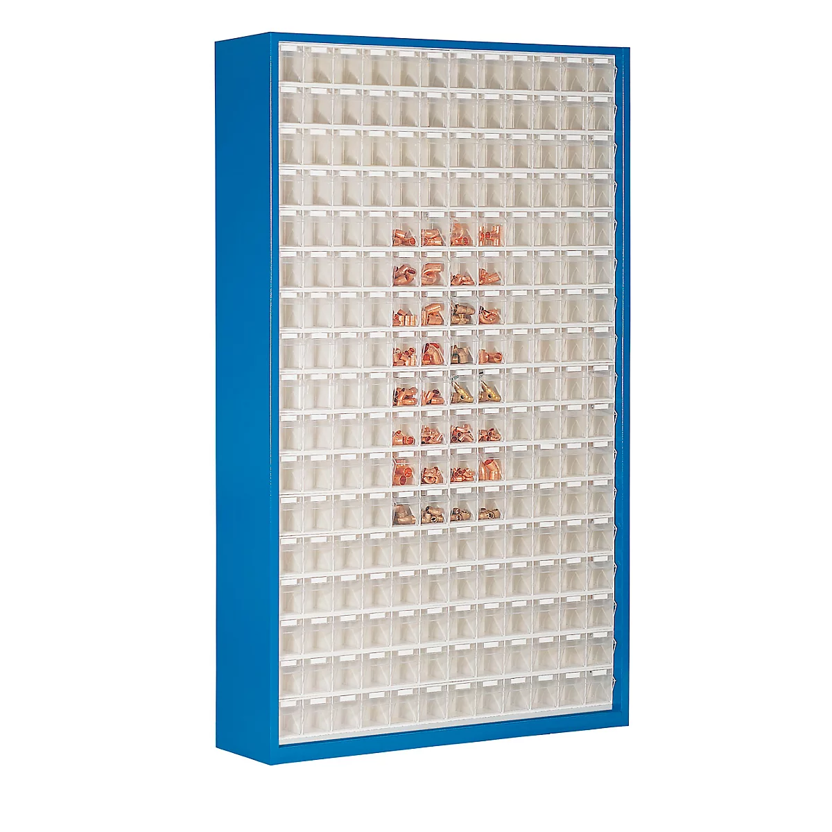Opbergbakkast, volume 635 l, 204 uitneembare opbergboxen met verzonken greep, B 1270 x D 250 x H 2000 mm, g.blauw/transparant