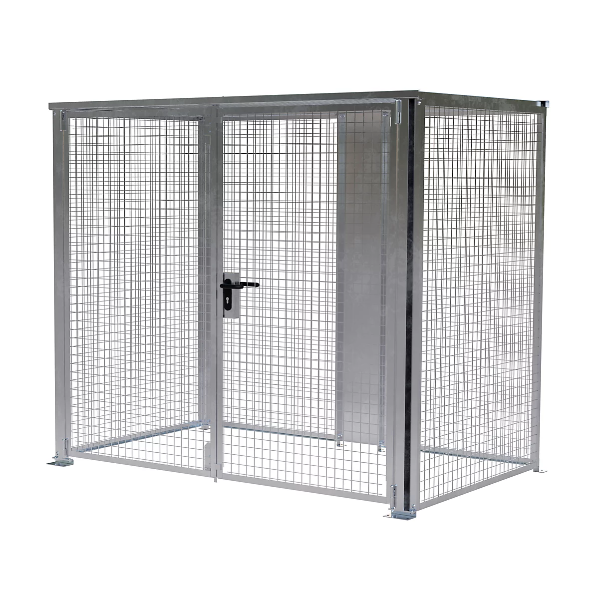 Metalen kooi met deur en slot. Gaaswanden, grijze kleur. Voor veilige opslag van items.