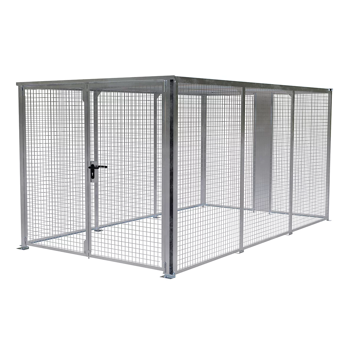 Metalen gaas opslagbox met deur en slot. Rechthoekige vorm, geïsoleerd op een witte achtergrond.