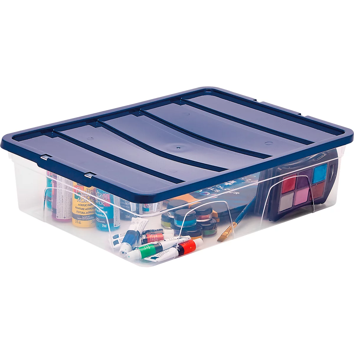 Transparante opbergbox met een blauw deksel, gevuld met schildersbenodigdheden zoals verf en penselen.