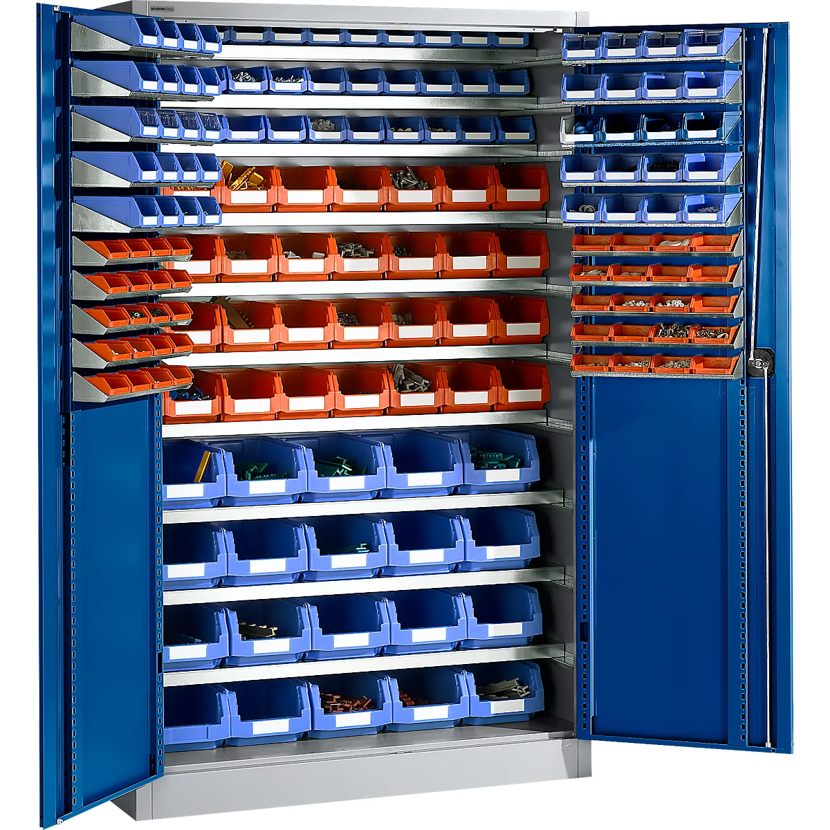 Blauwe kast met open deuren, gevuld met blauwe en oranje containers. Bevat gereedschap.