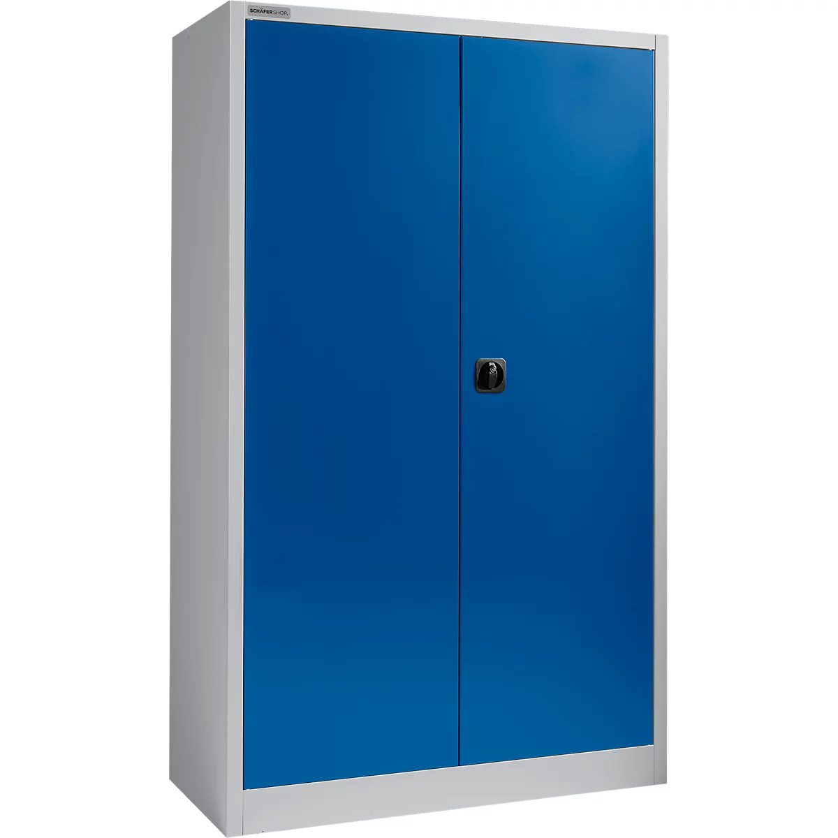 Blauw kabinet met twee deuren, een zwarte handgreep en een grijs frame.