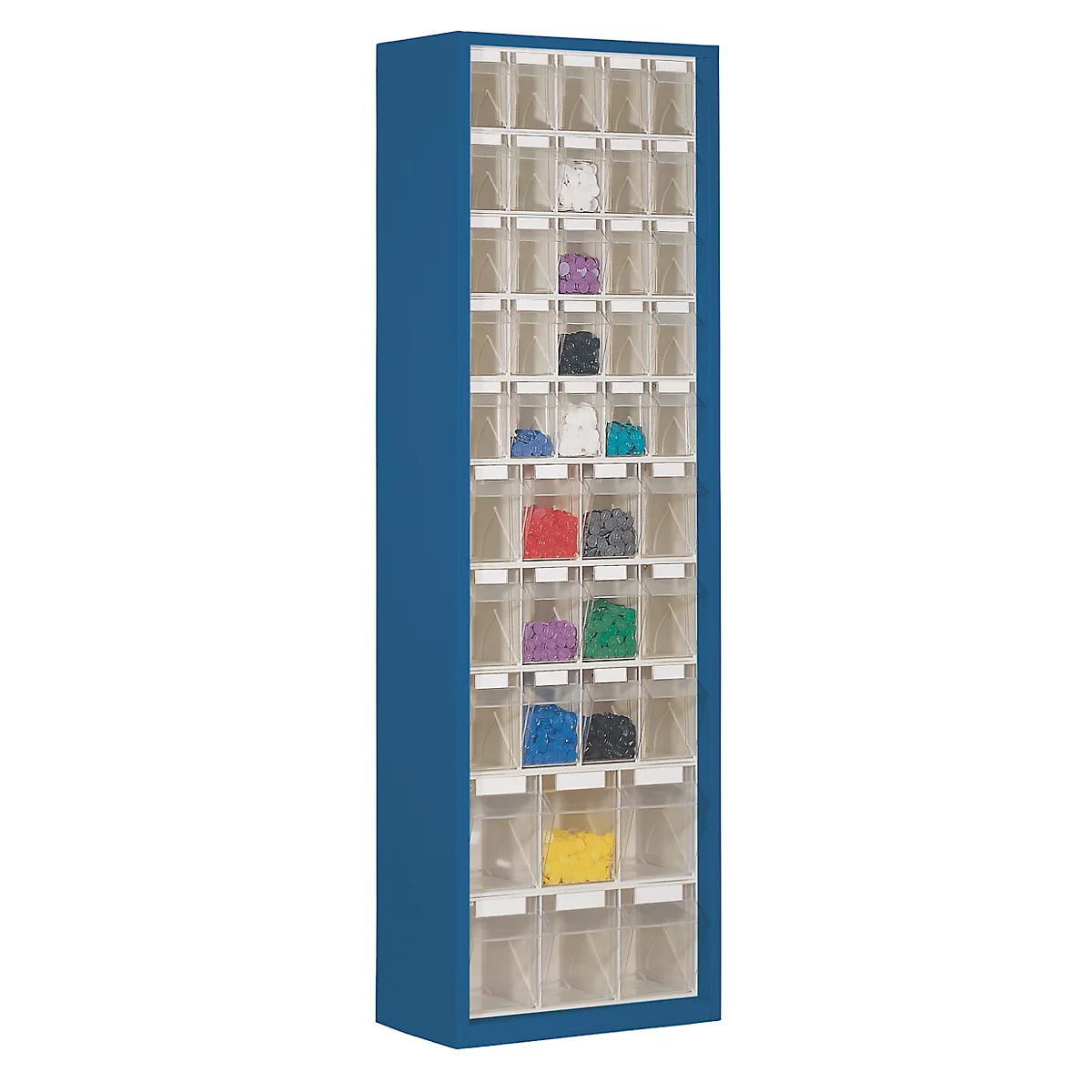 Opbergkast, inhoud 333 l, 43 uitneembare kantelbakjes met verzonken greep, B 665 x D 250 x H 2000 mm, gentiaanblauw/transparant