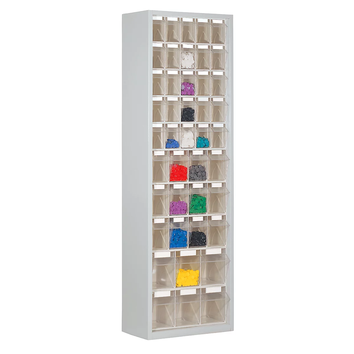 Opbergkast, inhoud 333 l, 43 uitneembare kantelbakjes met verzonken greep, B 665 x D 250 x H 2000 mm, lichtgrijs/transparant