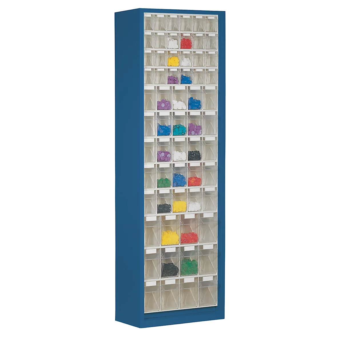 Opbergkast, inhoud 333 l, 61 uitneembare kantelbakjes met verzonken greep, B 665 x D 250 x H 2000 mm, gentiaanblauw/transparant