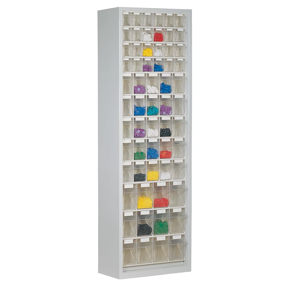 Opbergkast, inhoud 333 l, 61 uitneembare kantelbakjes met verzonken greep, B 665 x D 250 x H 2000 mm, lichtgrijs/transparant