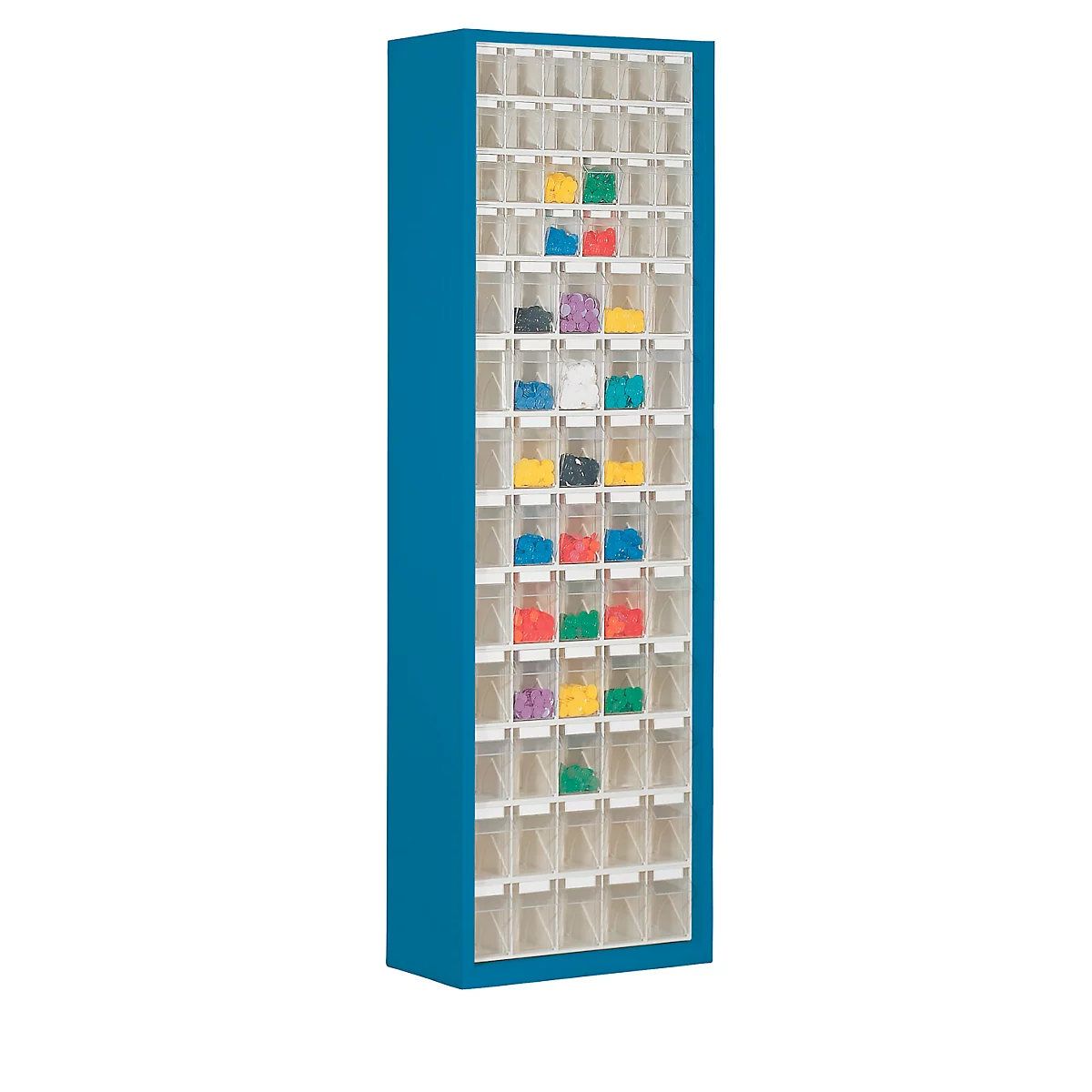 Opbergkast, inhoud 333 l, 69 uitneembare kantelbakjes met verzonken greep, B 665 x D 250 x H 2000 mm, gentiaanblauw/transparant