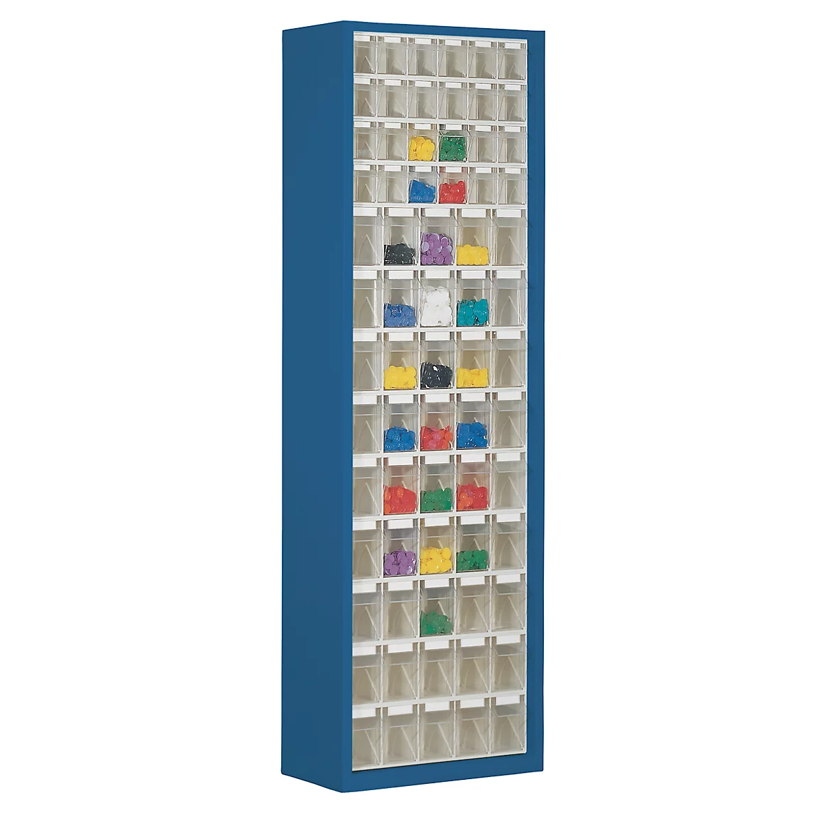 Opbergkast, inhoud 333 l, 69 uitneembare kantelbakjes met verzonken greep, B 665 x D 250 x H 2000 mm, gentiaanblauw/transparant