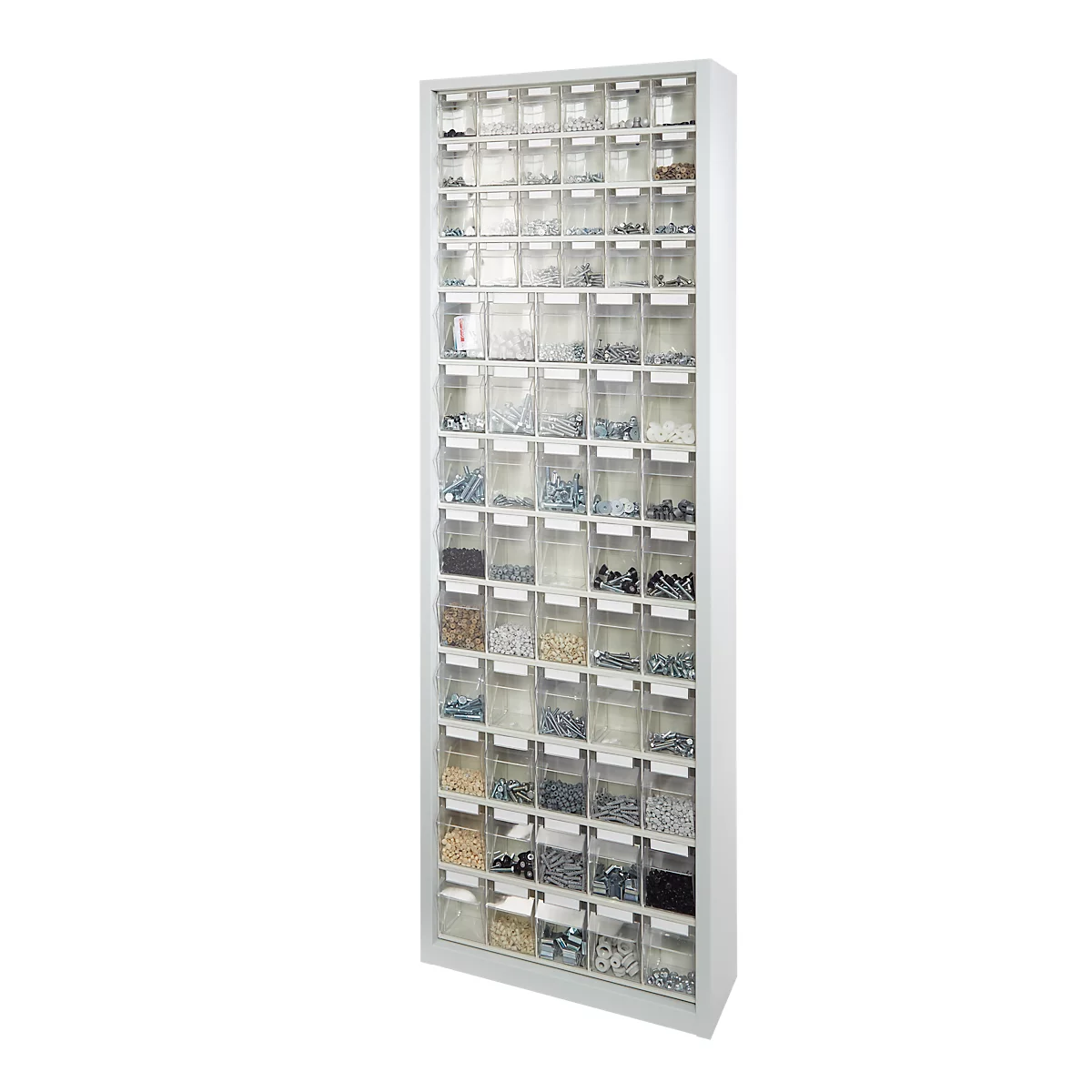 Opbergkast, inhoud 333 l, 69 uitneembare vouwbakken met verzonken greep, B 665 x D 250 x H 2000 mm, lichtgrijs/transparant