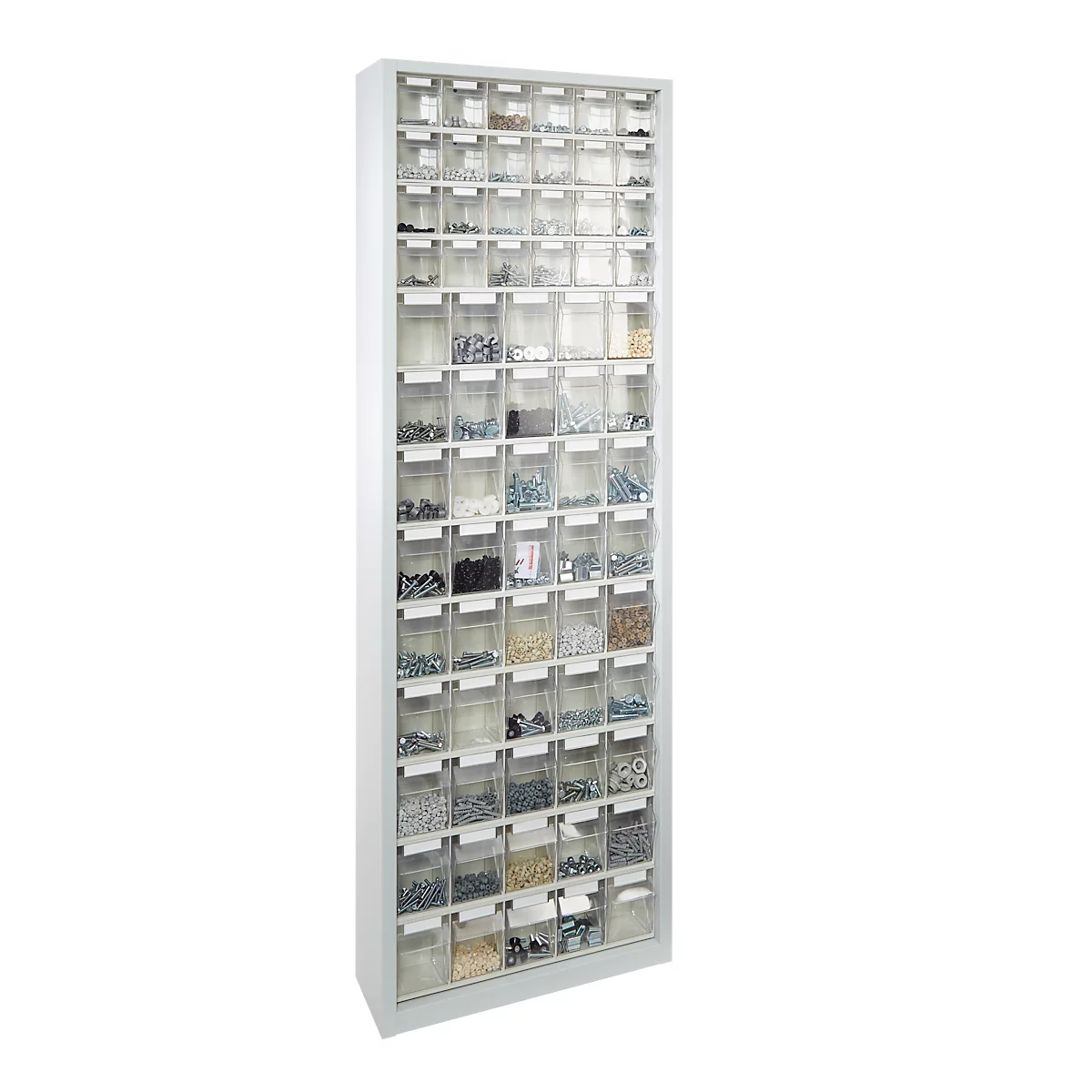 Opbergkast, inhoud 333 l, 69 uitneembare vouwbakken met verzonken greep, B 665 x D 250 x H 2000 mm, lichtgrijs/transparant