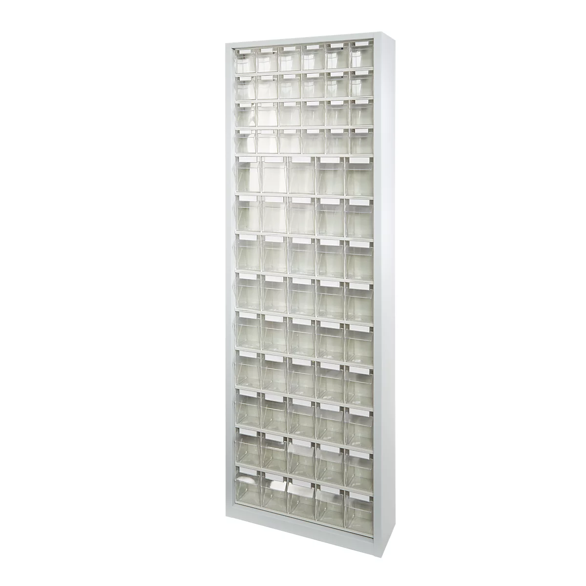 Opbergkast, inhoud 333 l, 69 uitneembare vouwbakken met verzonken greep, B 665 x D 250 x H 2000 mm, lichtgrijs/transparant