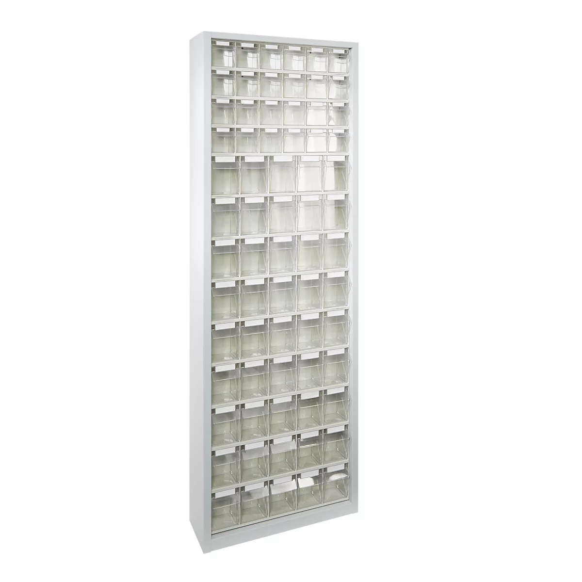 Opbergkast, inhoud 333 l, 69 uitneembare vouwbakken met verzonken greep, B 665 x D 250 x H 2000 mm, lichtgrijs/transparant