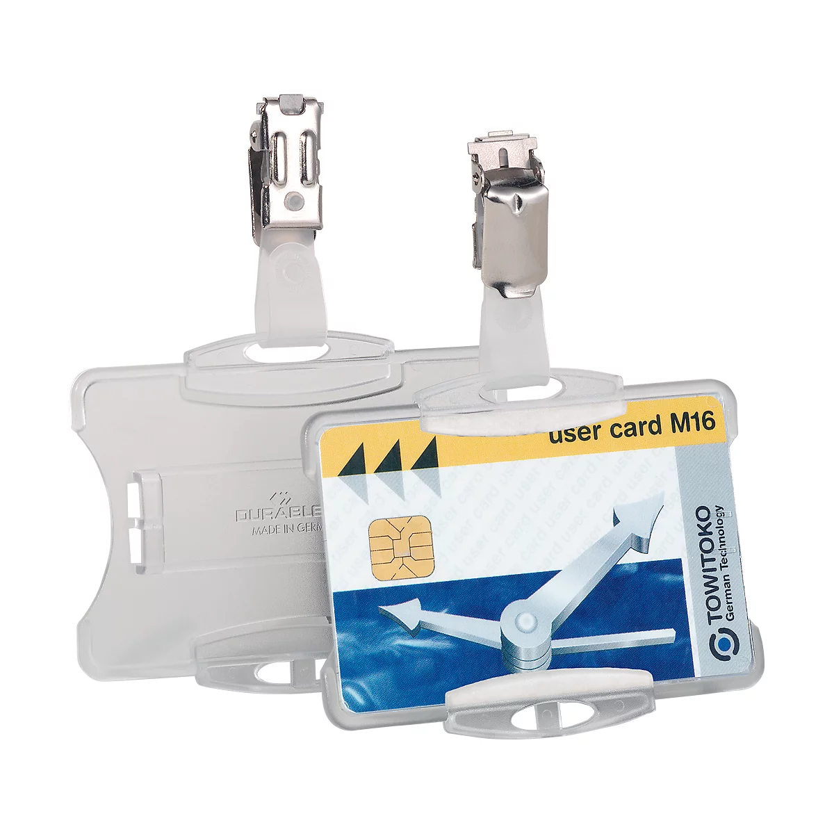 Two transparent ID holders with clip attachments, one contains a card with a chip and print: user card M16.