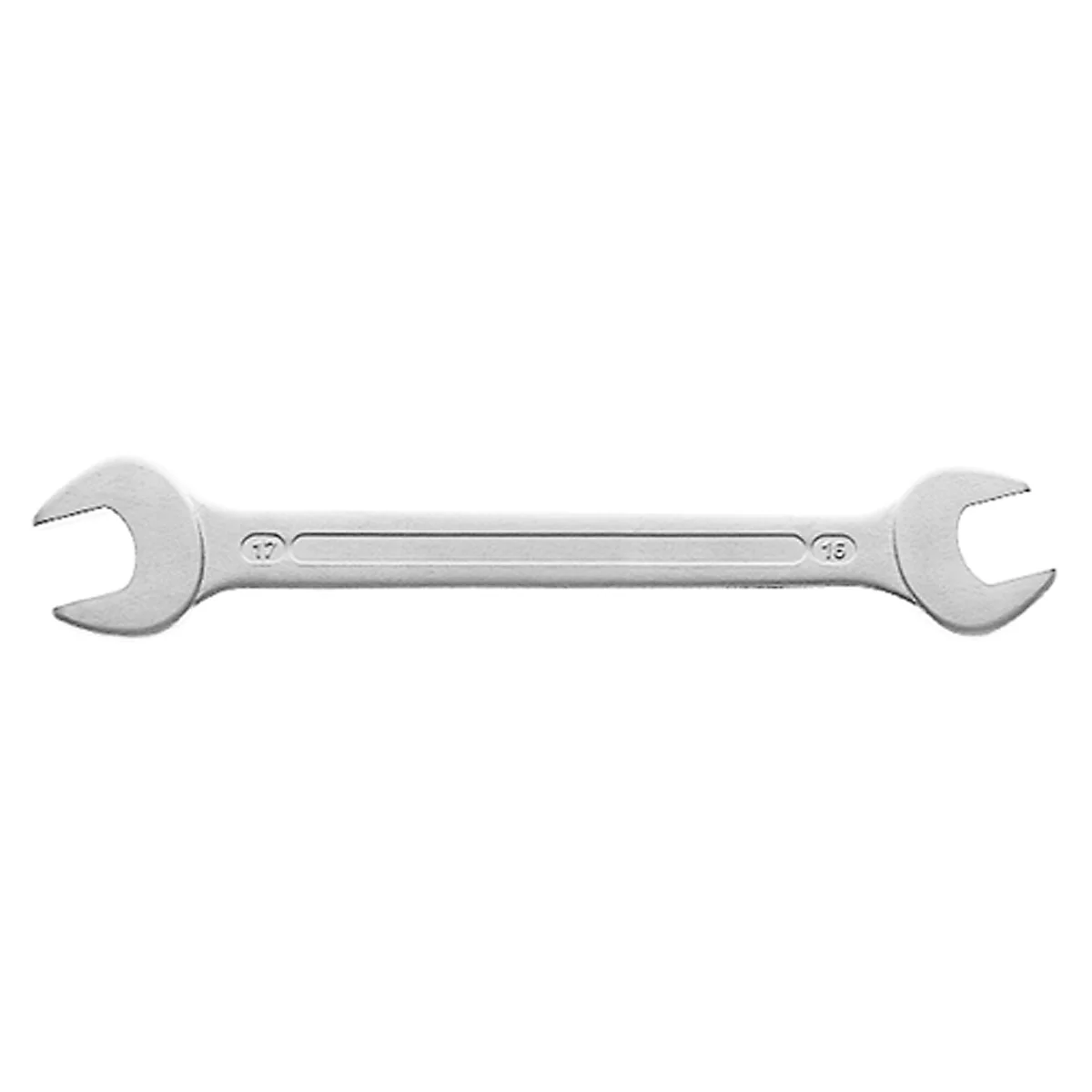 A silver double-ended open-end wrench with sizes 17 and 15.