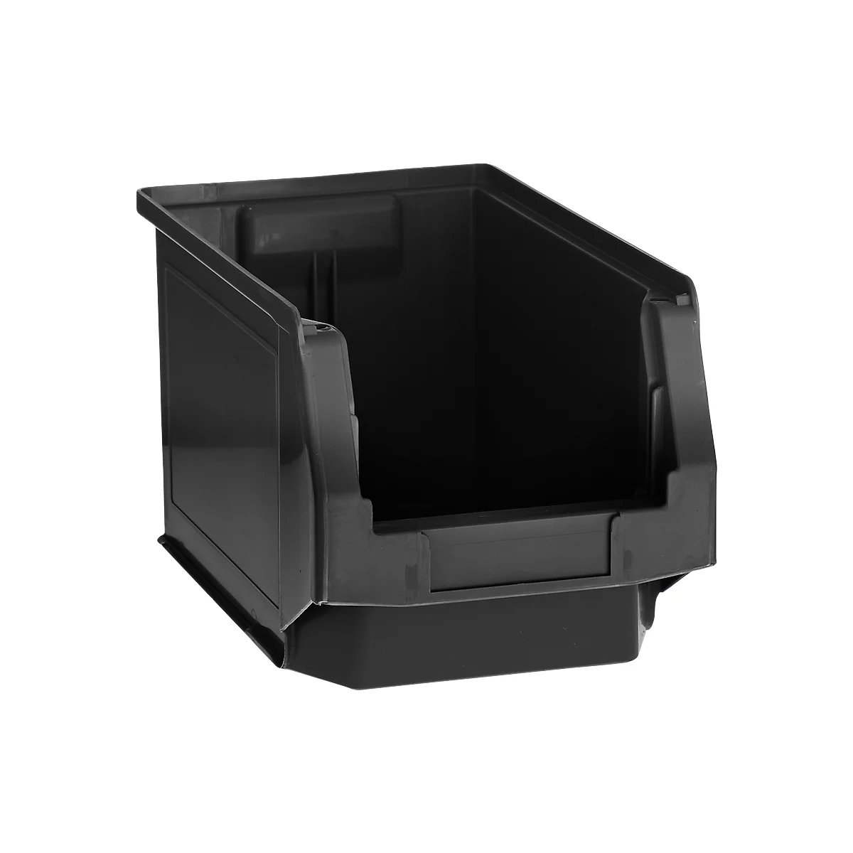 Black plastic bin with open top. The bin has a rectangular shape and a slightly sloping front.