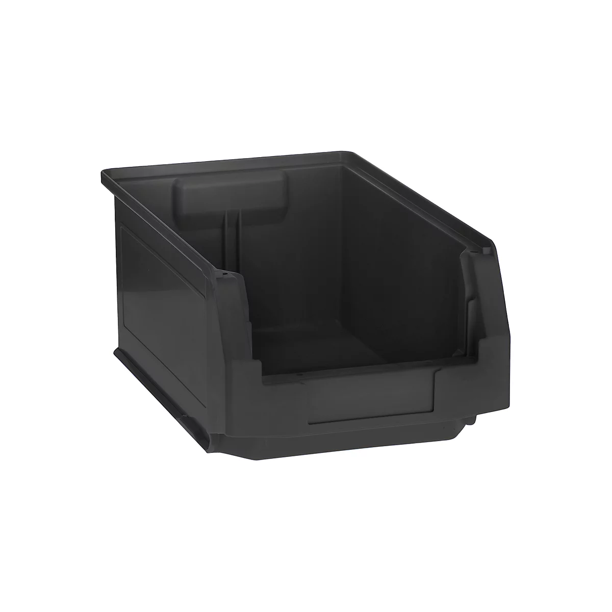 Black, empty storage bin with open top. The box has a rectangular shape with slightly rounded corners.
