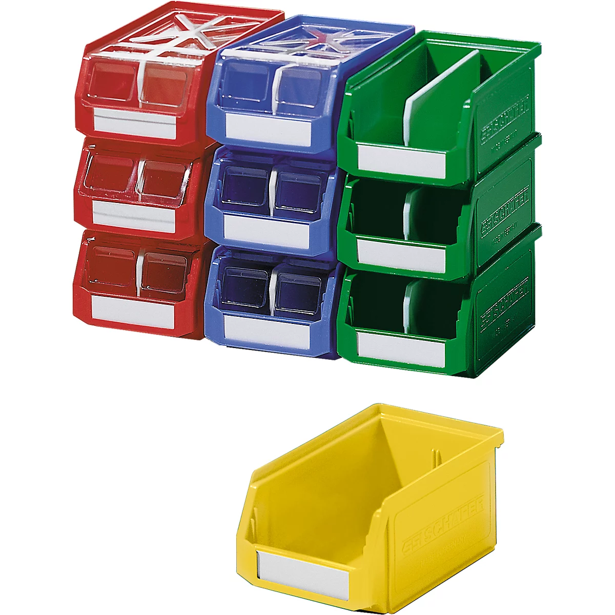 Multi-colored plastic storage bins in red, blue, green, and yellow, stacked and side-by-side. White labels on front.