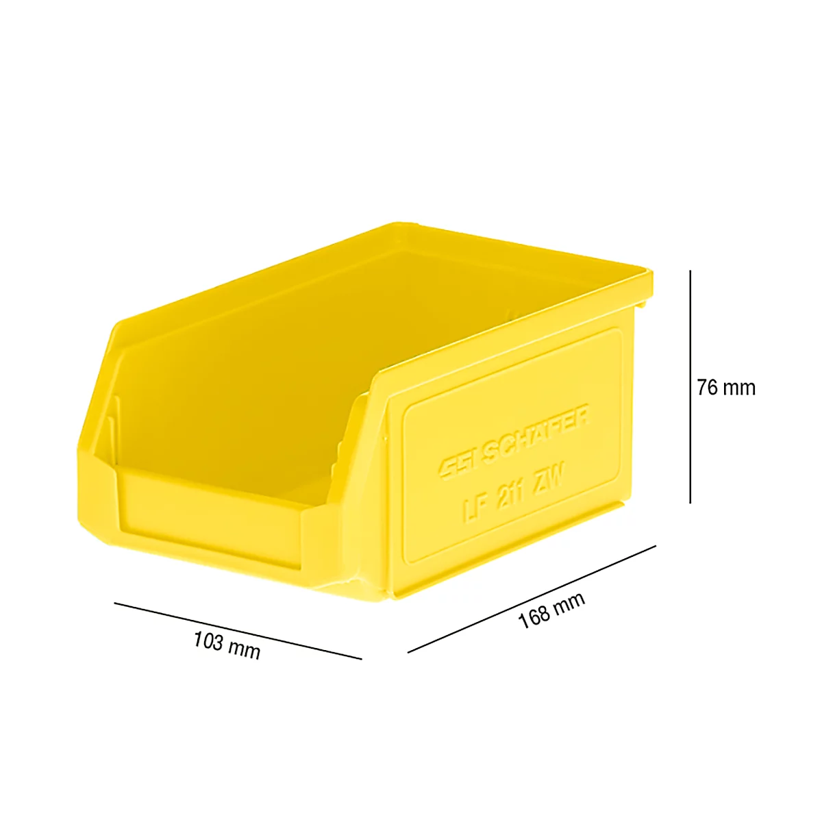 Yellow open storage box, measuring 168 x 103 x 76 mm. Inscription 'GS SCHMITTER' and 'LF 211 ZU'.