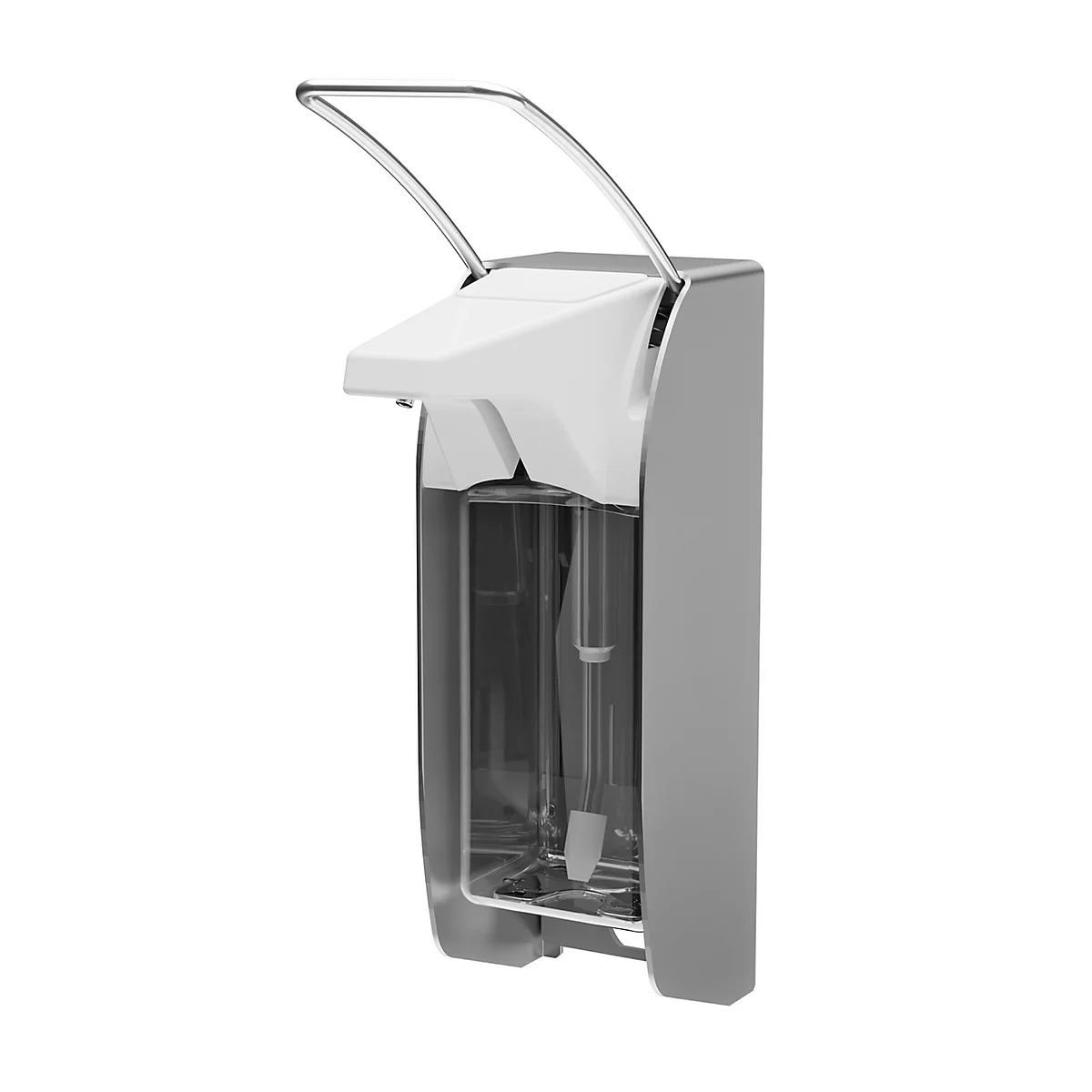 Wandspender für Desinfektionsmittel oder Seife in Silber mit weißem Kopf und langem Metallbügel.