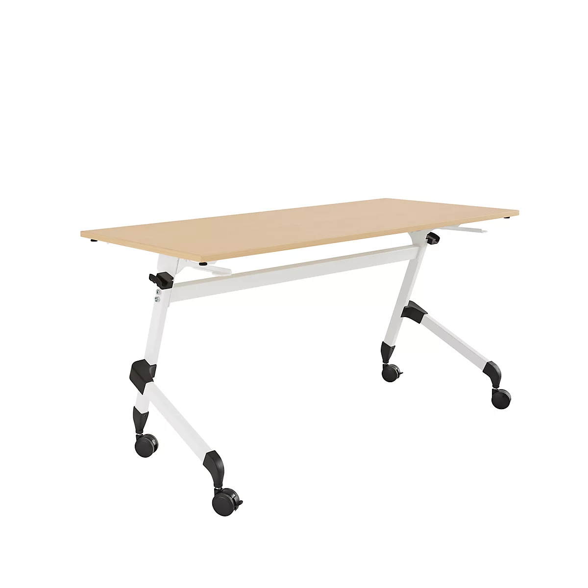Opklapbaar bureau, met 4 vastzetbare wielen, rechthoekig, ronde buis, B 1400 x D 600 x H 720 mm, ahorn afwerking/wit