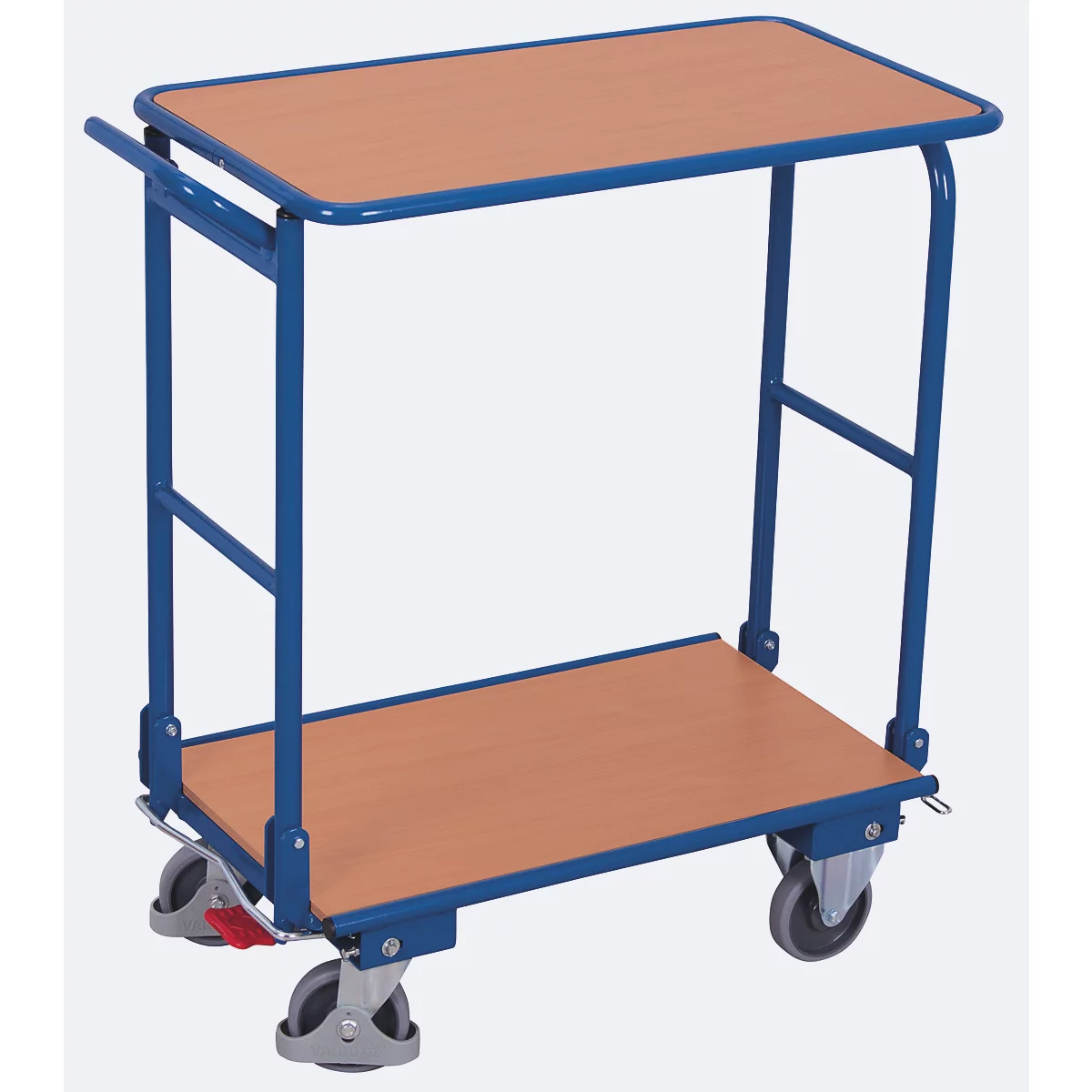 Opklapbare hangwagen, staal/MDF-plaat, decor gentiaanblauw/beuken, 2 etages, L 720 x B 450 mm, opklapbaar met dwarsbeugel, TPE-wielen met EasySTOP, tot 150 kg
