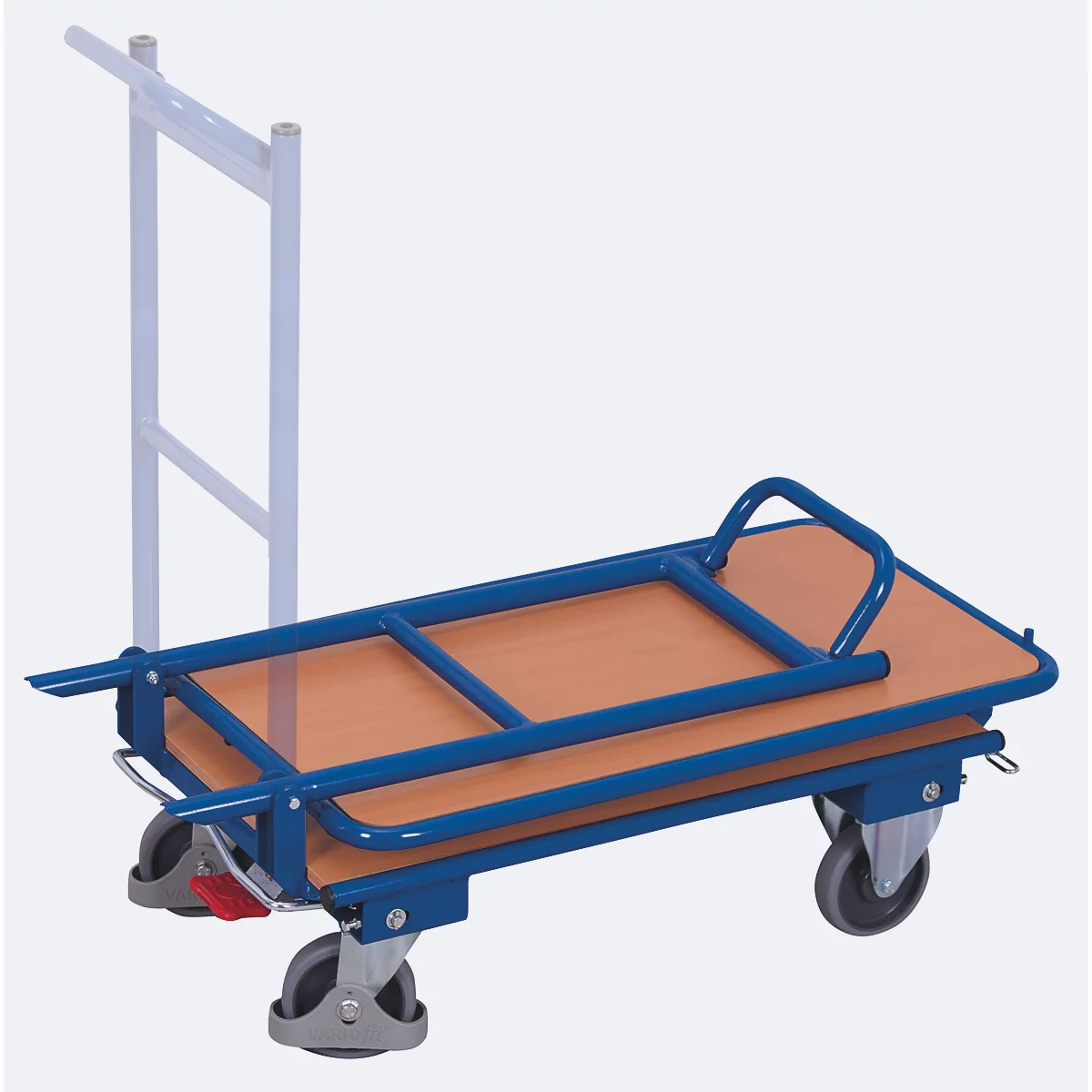Opklapbare hangwagen, staal/MDF-plaat, decor gentiaanblauw/beuken, 2 etages, L 720 x B 450 mm, opklapbaar met dwarsbeugel, TPE-wielen met EasySTOP, tot 150 kg