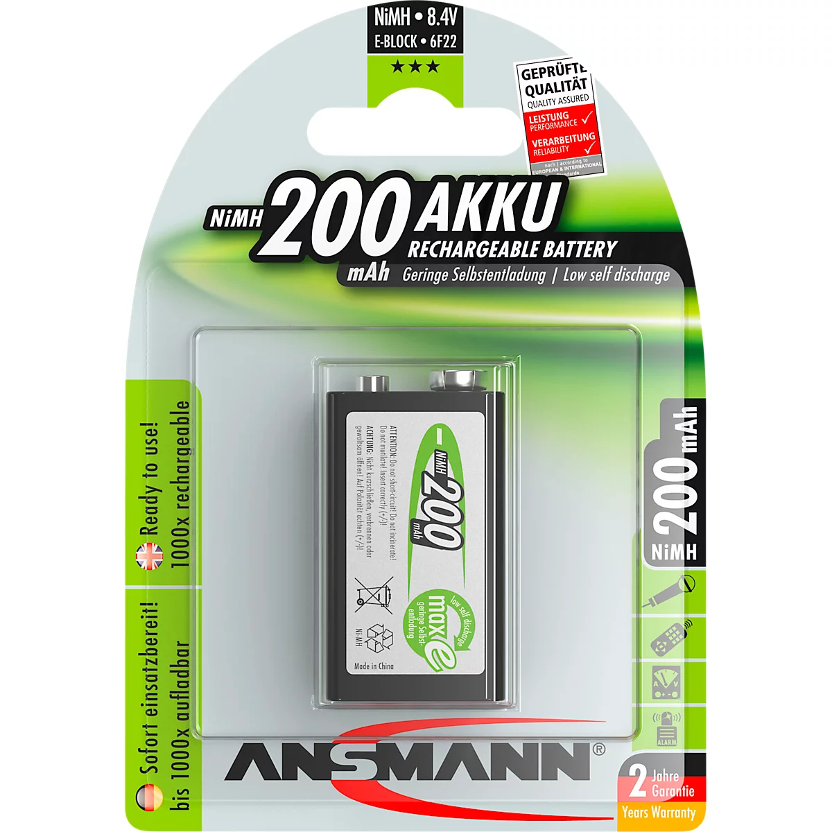 Accu in verpakking. Opschrift: NiMH 200 AKKU, 200 mAh, oplaadbaar.