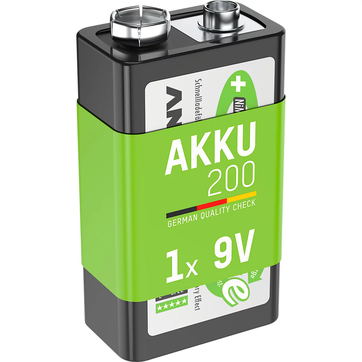 Een groene 9V oplaadbare batterij met een zwarte rand. Opschrift: AKKU 200, 1x 9V, German Quality Check.