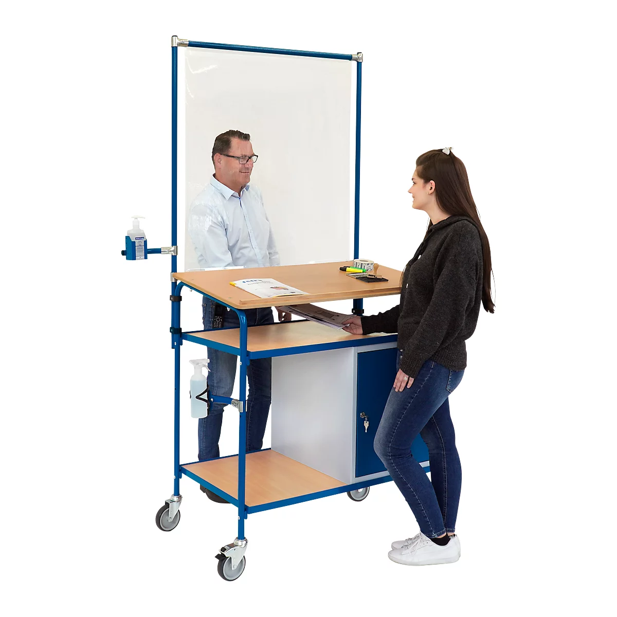 Oprolbaar bureau, 3 legborden, kast, frame voor infectiebescherming, 2 houders voor desinfecterende flessen/spuitflessen, RAL 5007