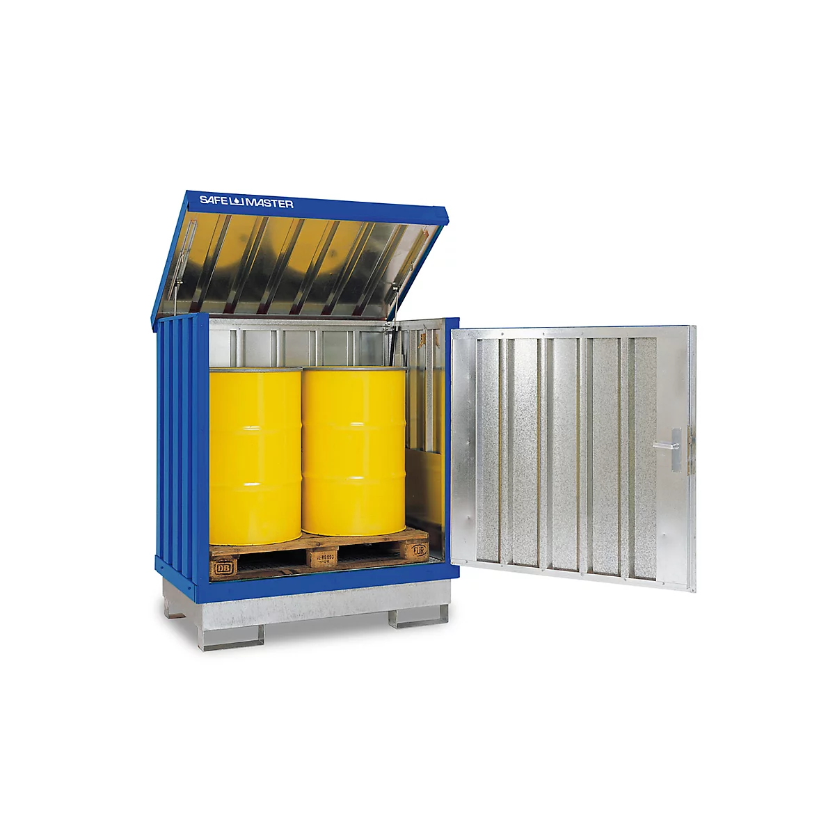 Opslag van gevaarlijke stoffen Safe Master, type SM 2, capaciteit 2 x 200 l vaten staand, WGK 1-3 gegalvaniseerd + gelakt