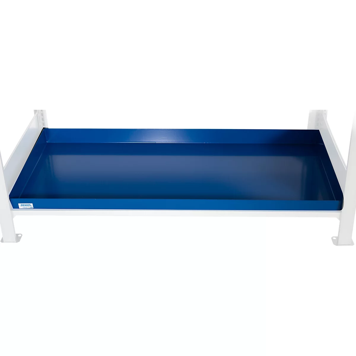 Blau stalen bak in een wit frame. De bak is rechthoekig en glanzend.