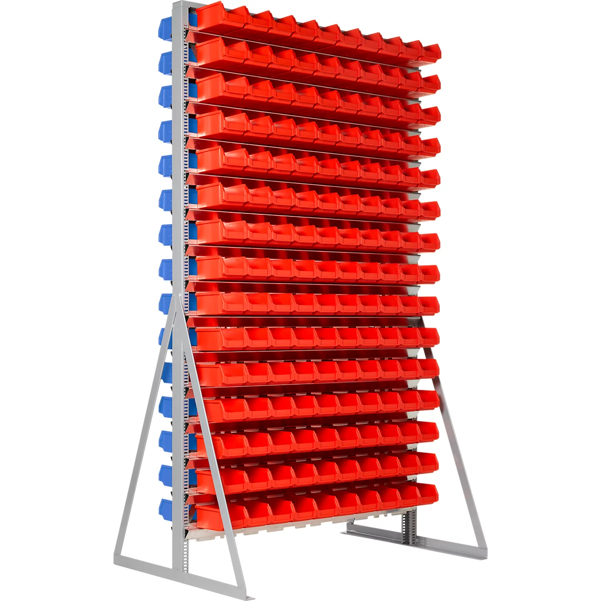 Opslagrek, aan 2 zijden te monteren, 30 rijen, incl. 150 open voorraadbakken LF 211 blauw &amp; 150 open voorraadbakken LF 211 rood, B 1145 x D 800 x H 1950 mm