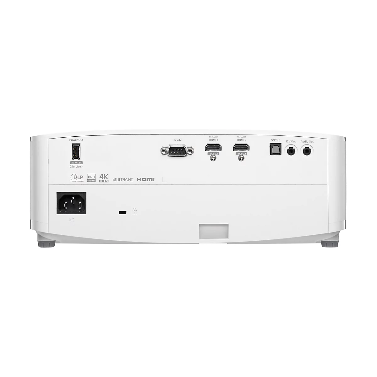 Rückansicht eines weißen Projektors mit Anschlüssen, darunter HDMI, Stromanschluss und Audioausgang.