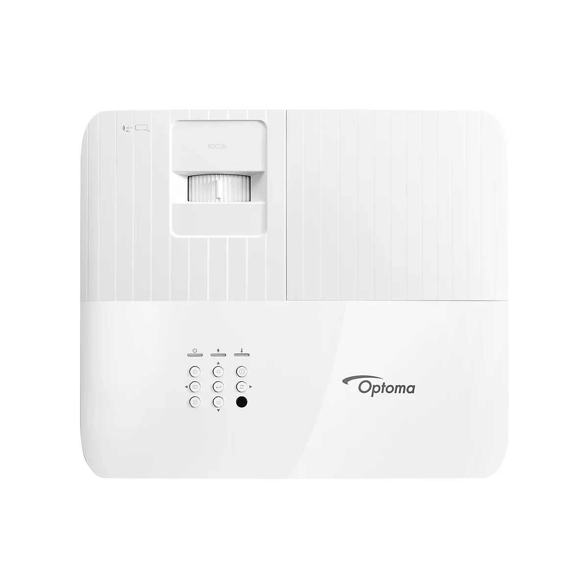Weißer Projektor mit Focus-Rad und Optoma-Logo. Unten befinden sich Bedienknöpfe.