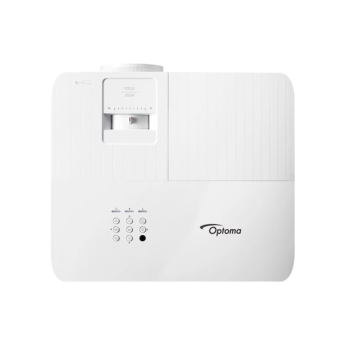 Projecteur blanc Optoma. Moitié supérieure avec molette de réglage, moitié inférieure avec commandes.