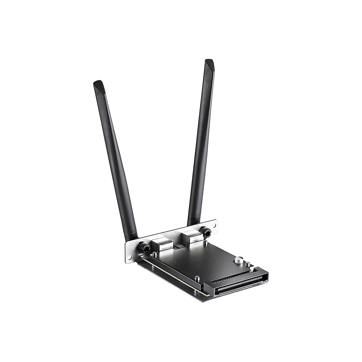 PCIe WLAN-Netzwerkkarte mit zwei schwarzen Antennen auf einer Metallblende vor weißem Hintergrund.