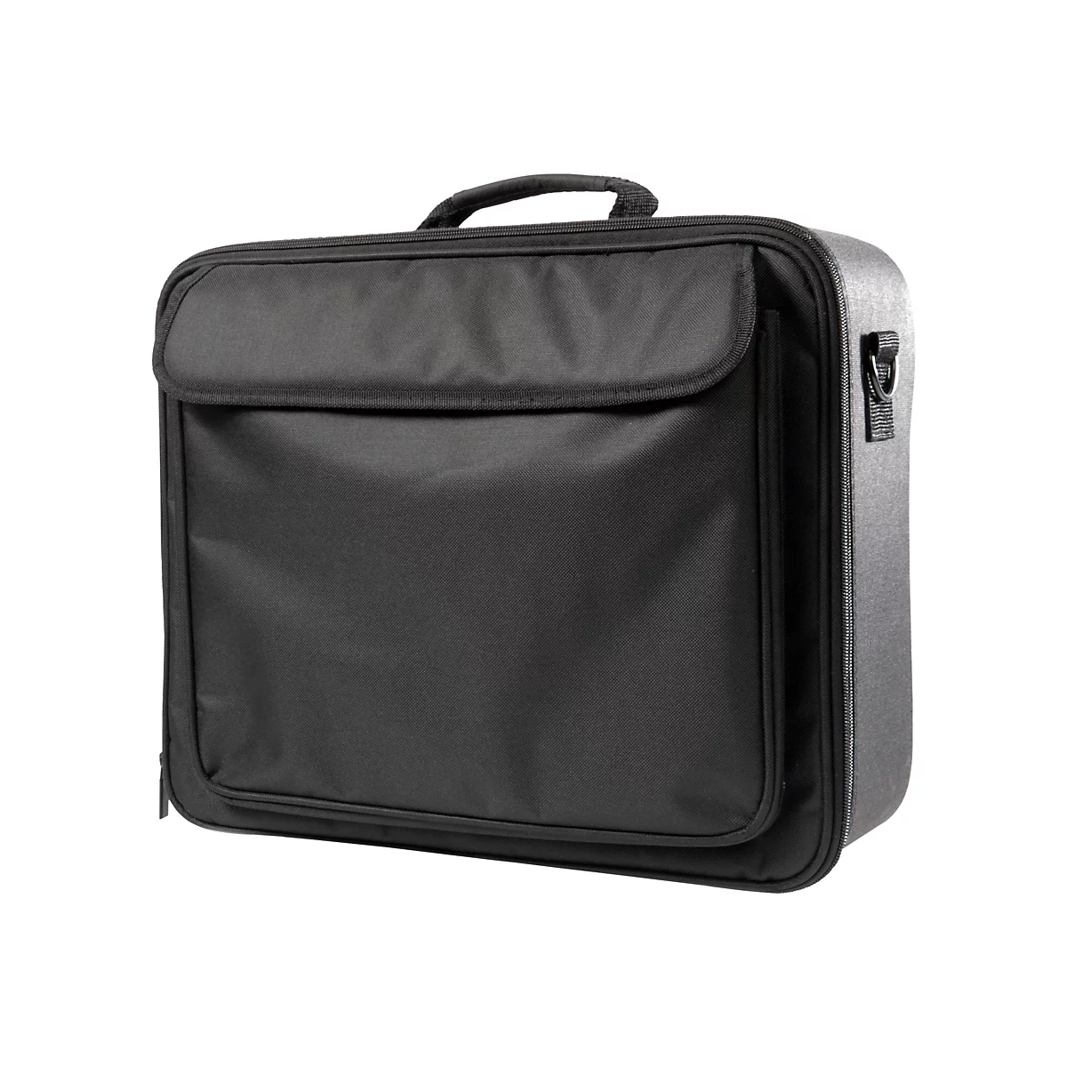 Sacoche d'ordinateur portable noire sur fond blanc. Le sac est doté d'une poignée et d'une poche avant avec rabat.