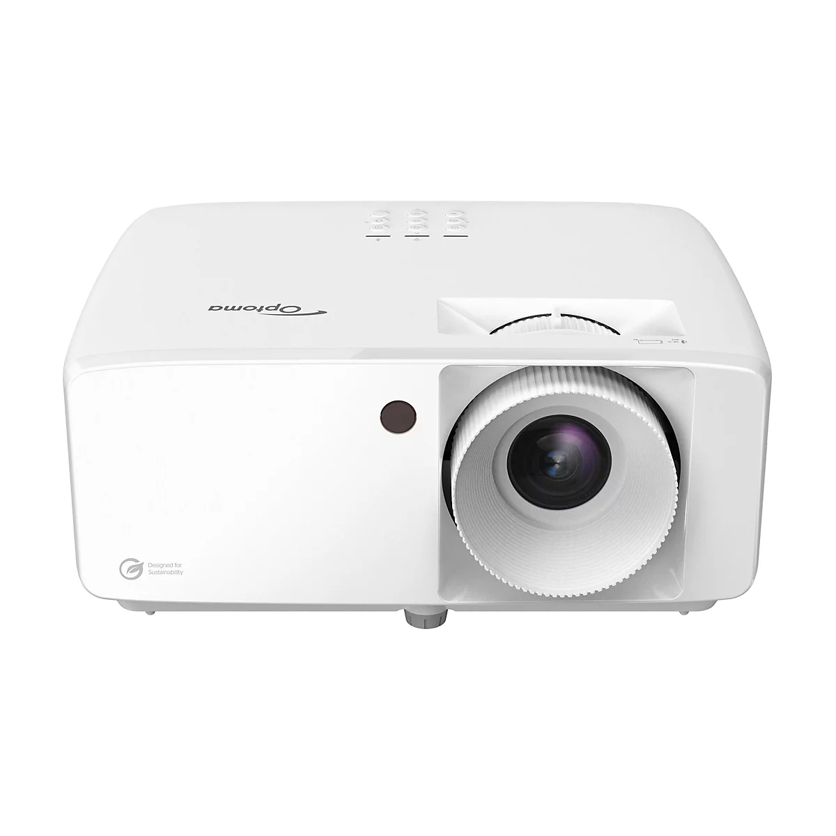 Projecteur blanc avec logo Optoma et mise au point de l'objectif.