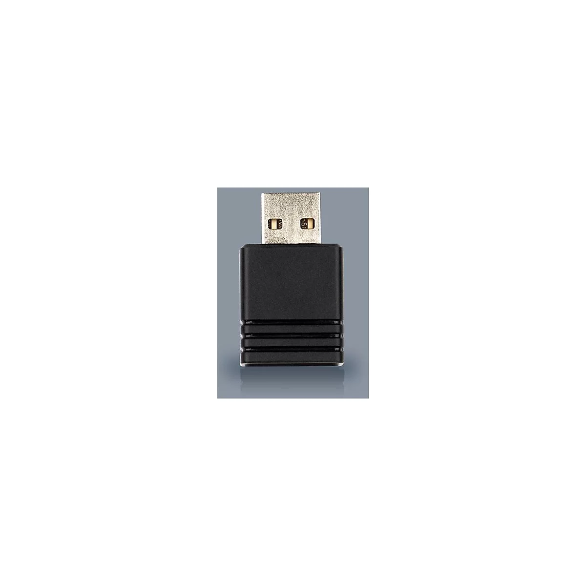 Schwarzer USB-Adapter. Der Adapter hat einen silbernen USB-Anschluss und einen schwarzen, rechteckigen Korpus.
