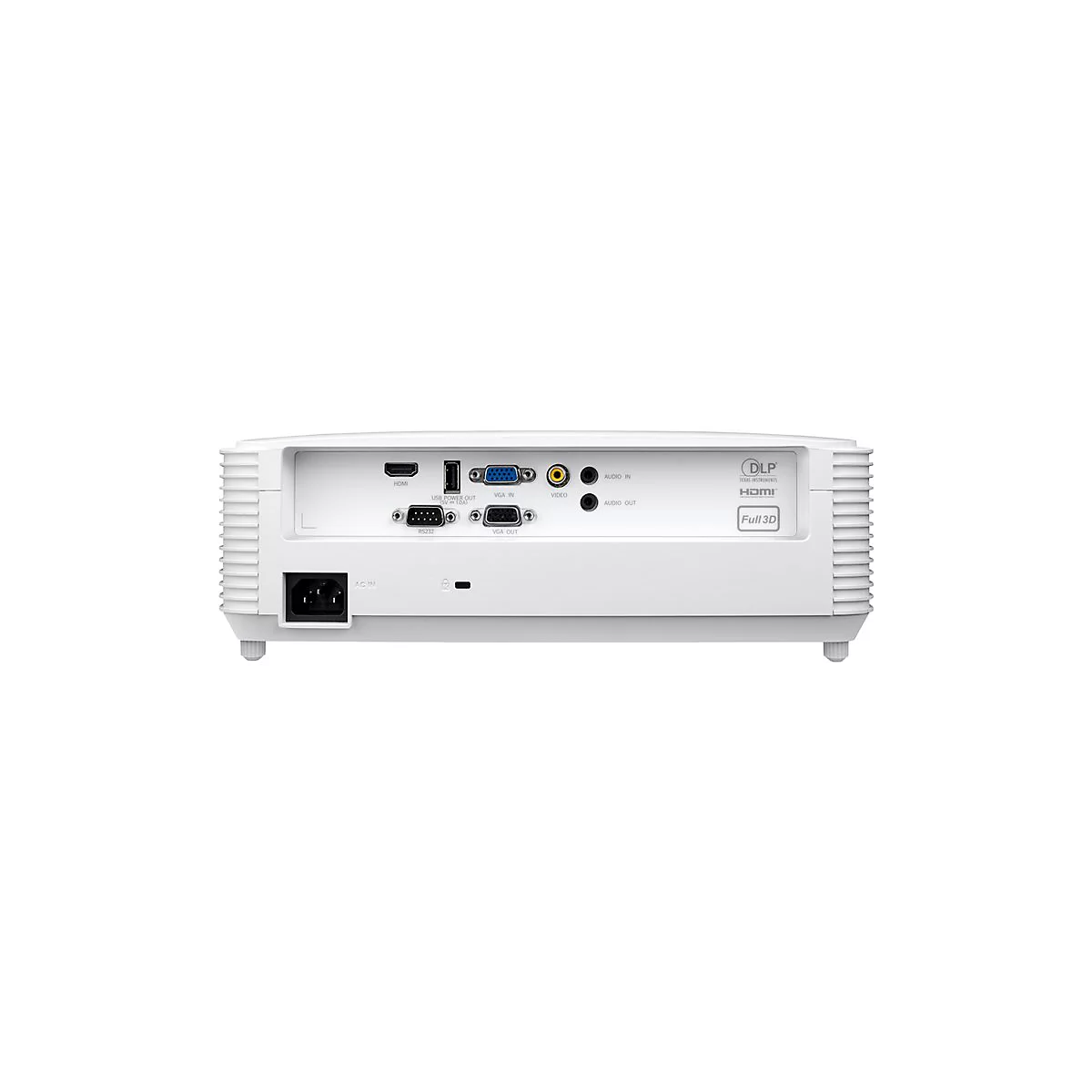 WeiÃŸer Projektor-RÃ¼ckseite mit AnschlÃ¼ssen. HDMI, VGA, Audio und Stromanschluss sind sichtbar.