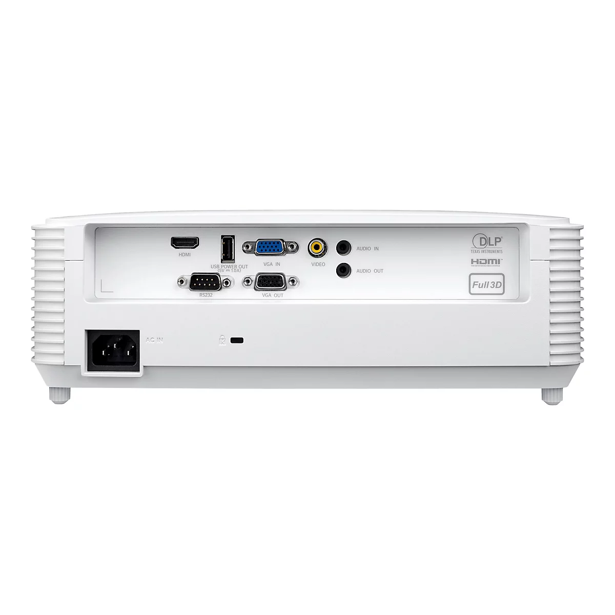 Nahaufnahme eines weißen Projektors mit verschiedenen Anschlüssen und dem HDMI-Logo. Auf der Rückseite sind Anschlüsse für HDMI, VGA, Audio und Stromanschluss zu sehen.