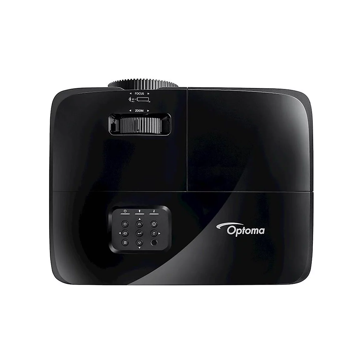 Schwarzer Projektor mit Zoom- und Fokuseinstellungen und Optoma-Logo.