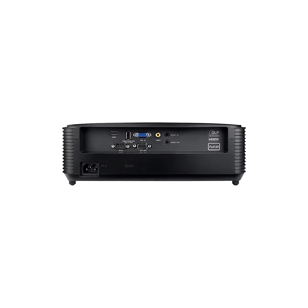 Arrière d'un projecteur noir avec ports HDMI, VGA, audio et alimentation.