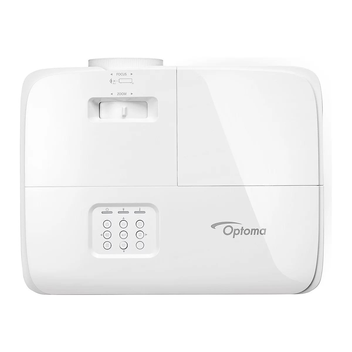 Vue de dessus d'un projecteur Optoma blanc avec commandes et logo.