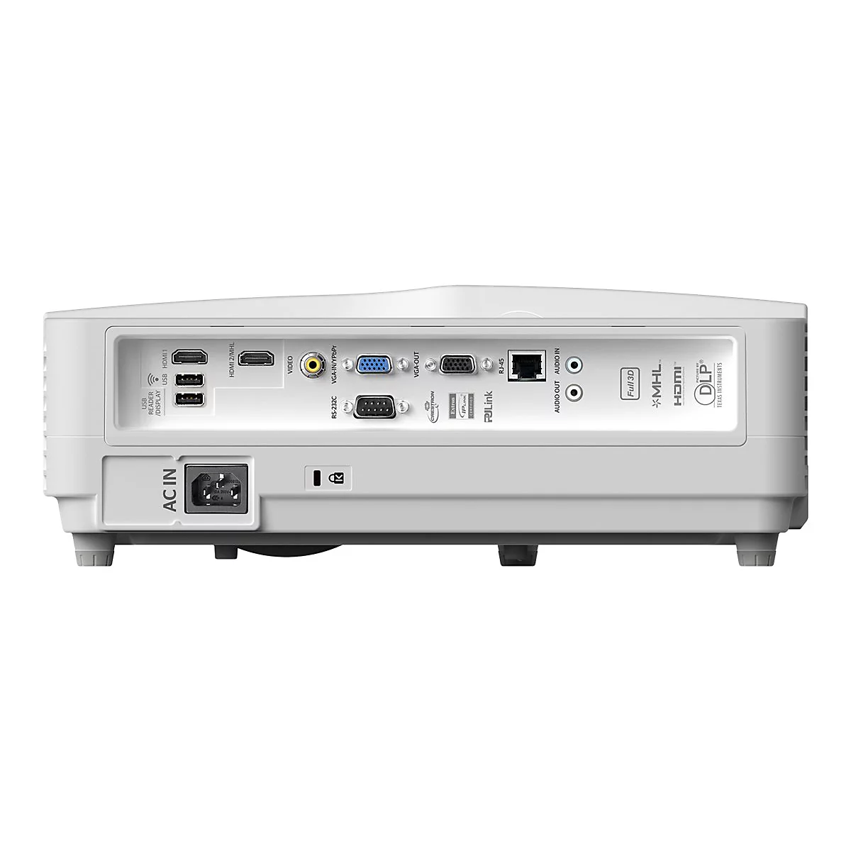 Rückansicht eines weißen Projektors mit Anschlüssen wie HDMI, USB und Audio. Deutlich zu sehen sind die Anschlüsse, u.a. für Strom (AC IN) und LAN (RJ-45).