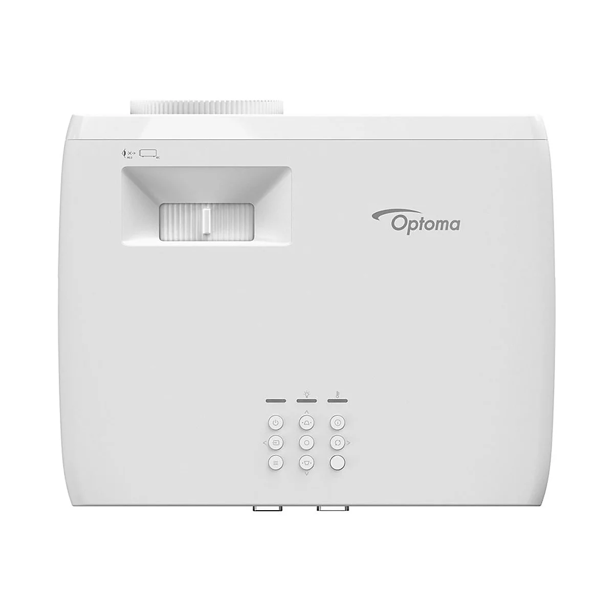 Weißer Optoma-Projektor, Frontansicht. Oben Projektorlinse, darunter Logo und Bedienelemente.